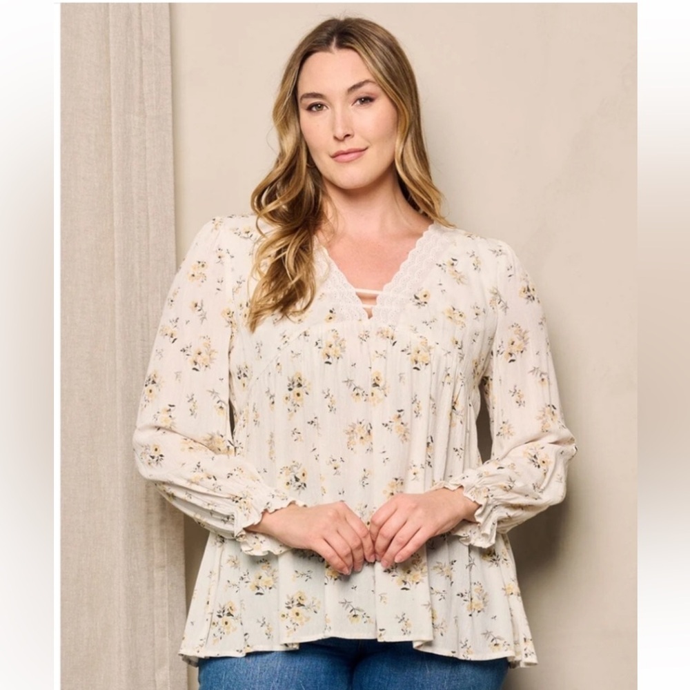 New Cory Co by Cozy Casual ditzy floral print V-neck lace Boho top size 3X 🌸 K